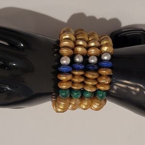 Eternity Bracelet  Gold Puffy Disk Pearls, Lapiz, Aventurine, Turquoise New